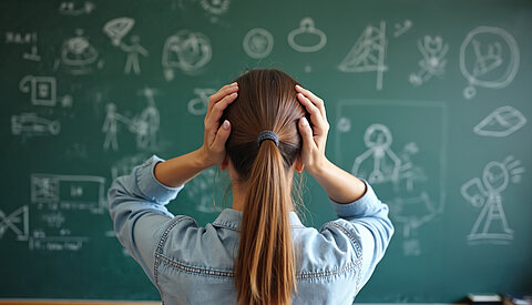 Lehrerin vor Tafel mit Burnout